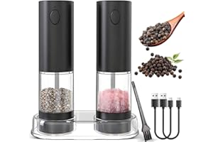 AUIRSHIKY Set di 2 macina sale e pepe, macinapepe ricaricabile, contenitore trasparente da 95 ml, grande capacità, macinapepe e macina regolabile, base, luce LED (nero)