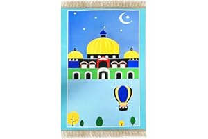 MAKENLUG Kids Prayer Mat Muslim, Ramadan Eid Gift for Kids, Padded Prayer Mat for Kids, Cartoon Tassel Prayer Rug Islamic (Blue/Mosque)