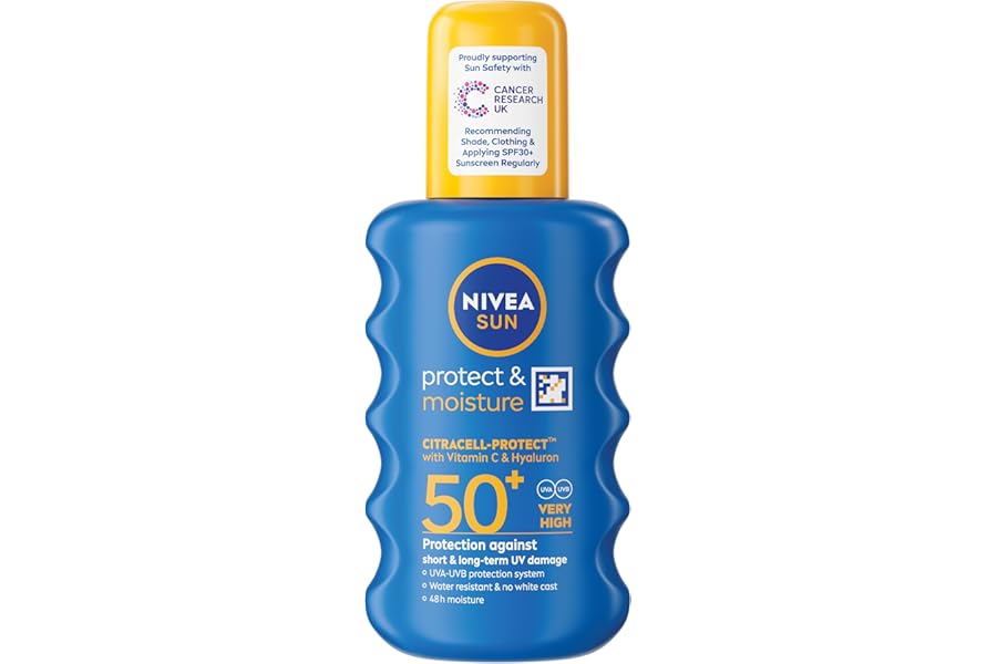 NIVEA SUN Protect & Moisture Sun Spray SPF 50+ (200ml), Moisturising Suncream Spray with Vitamin C and Hyaluron, Immediate UVA/UVB Protection, Fast-Absorbing No White Cast Formula