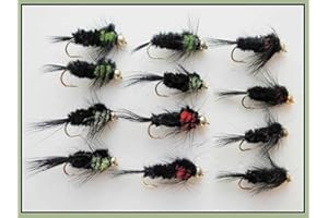 TROUTFLIES GOLDHEAD NYMPHS Goldhead Montana Forellenfliegen, 12 Stück, grün und rot, langer Schaft, Größe 10/12, Fliegenfischen