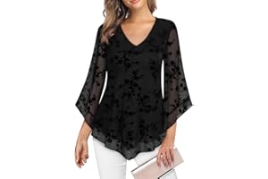 Gemulate Womens Tops Ruffle 3/4 Sleeve Blouses for Women UK Loose Flowy Ladies V Neck Chiffon Tunic Tops Double Layers Mesh Shirts