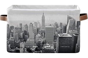 HMZXZ Rxyy New York City Black And White Canvas Fabric Storage Basket Collapsible Toys Storage Bin with PU Leather Handles Basket Box Organizer for Wardrobe Closet Shelves Organiser