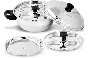 KSJONE Edelstahl Multi Kadai (Induktionsfreundlich) mit Edelstahldeckel, 2 Idli-Teller (8 Idlis), 1 Patra-Teller, Silber
