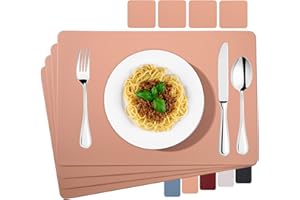 Miorkly Podkładki zmywalne ze skóry PU ze sztucznej skóry podkładki na stół różowe zestawy 4 zmywalne wodoodporne 45 x 30 cm i kwadratowe podkładki pod szklanki do domu, kuchni, restauracji