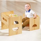FUNLIO Adjustable Height Montessori Table and Chair Set for Ages 1-3, Solid Wood Toddler Reading/Eating/Playing - Natural
