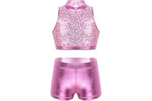 Freebily Conjunto de Deportivo Danza Hiphop para Niñas con Lentejuelas Brillante Crop Top y Leggings Cortos Maillot de Gimnasia Rítmica Ropa Baile Moderno Jazz 5-14 Años