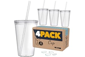 MFA MARFRAND Bicchieri di plastica rigida con coperchio e cannuccia, senza BPA, con adesivi riutilizzabili – Set di 4, da 700 ml – Marfrand (transparenti)