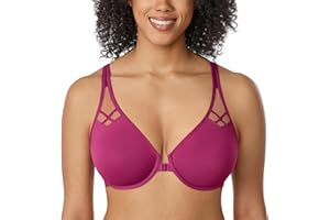 Delimira Damskie biustonosze zapinane z przodu z fiszbinami nieusztywniany plunge racer tył komfortowy biustonosz plus size, Purpurowy, 75E