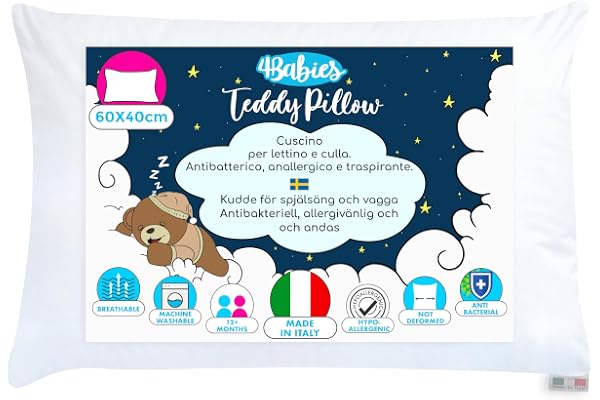 4BABIES - Barnkudde 40x60, babykuddar från 1 år andas, antiallergiska med foder 100% italiensk bomull, kvalstersäker - Maskintvättbar 30°C - Made in Italy