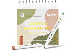 Arrtx Lot de 12 marqueurs métallisés à pointe pinceau pour papier noir, peinture sur roche, plastique, verre et projet de bricolage