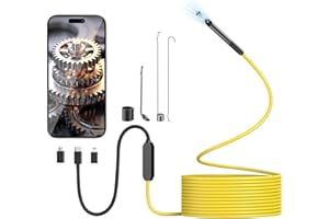 Hopefox Endoscope Inspection Camera with Lights, 7.9mm Slim Probe Borescope Endoscope Camera 9.8ft Semi-Rigid Cable, IP67 Waterproof Snake Camera for OTG Android, iPhone, Yellow