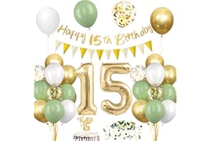 EPOKUS 15. Geburtstagsdeko Salbeigrüne, Deko 15 Geburtstags Junge Mädchen, 15er Geburtstag Luftballon mit Girlande, Geburtstags Tortendeko Grün Gold, 15 Jahre Geburtstag Avocado Grüne Konfetti Party Ballon