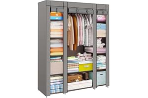 JF HOME BLISS Fabric Wardrobe for Bedroom, Large Canvas Clothes Storage Organizer with Hanging Rail & 6 Shelves - 126x43x165cm, Dustproof Portable Closet for Bedroom, Living Room & Dorm (Large Grey)