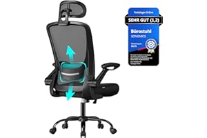 ‎SONGMICS SONGMICS Bürostuhl ergonomisch, Drehstuhl mit Mesh, Lenden- und Kopfstütze, Wippfunktion, 53 cm große Sitzfläche, klappbare Armlehnen, Arbeits- und Schlafzimmer, Studenten, tintenschwarz OBN047B01