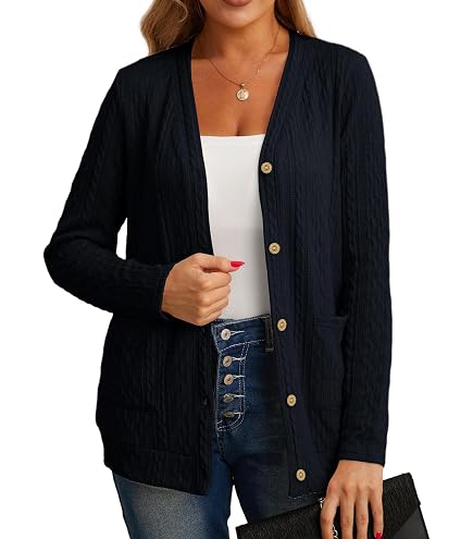 Cardigan Court Femme – Boutons, Poches, Bleu Marine, Maille Légère, Décontracté