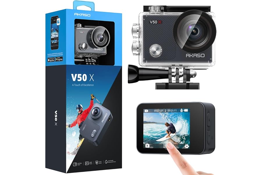 AKASO V50X Native 4K30fps WiFi Action Camera with EIS Touch Screen 4X Zoom 131 feet Waterproof Camera Support External Mic Remote Control with Helmet 