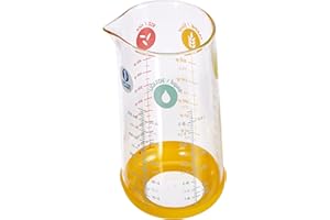 Pebbly - Verre Mesureur en Verre - 500 ml - Avec Base Silicone Antidérapante et Bec Verseur - 4 Mesures de Liquides (ml, cl, dl, L) Facilite les Conversions - Matériaux Naturels