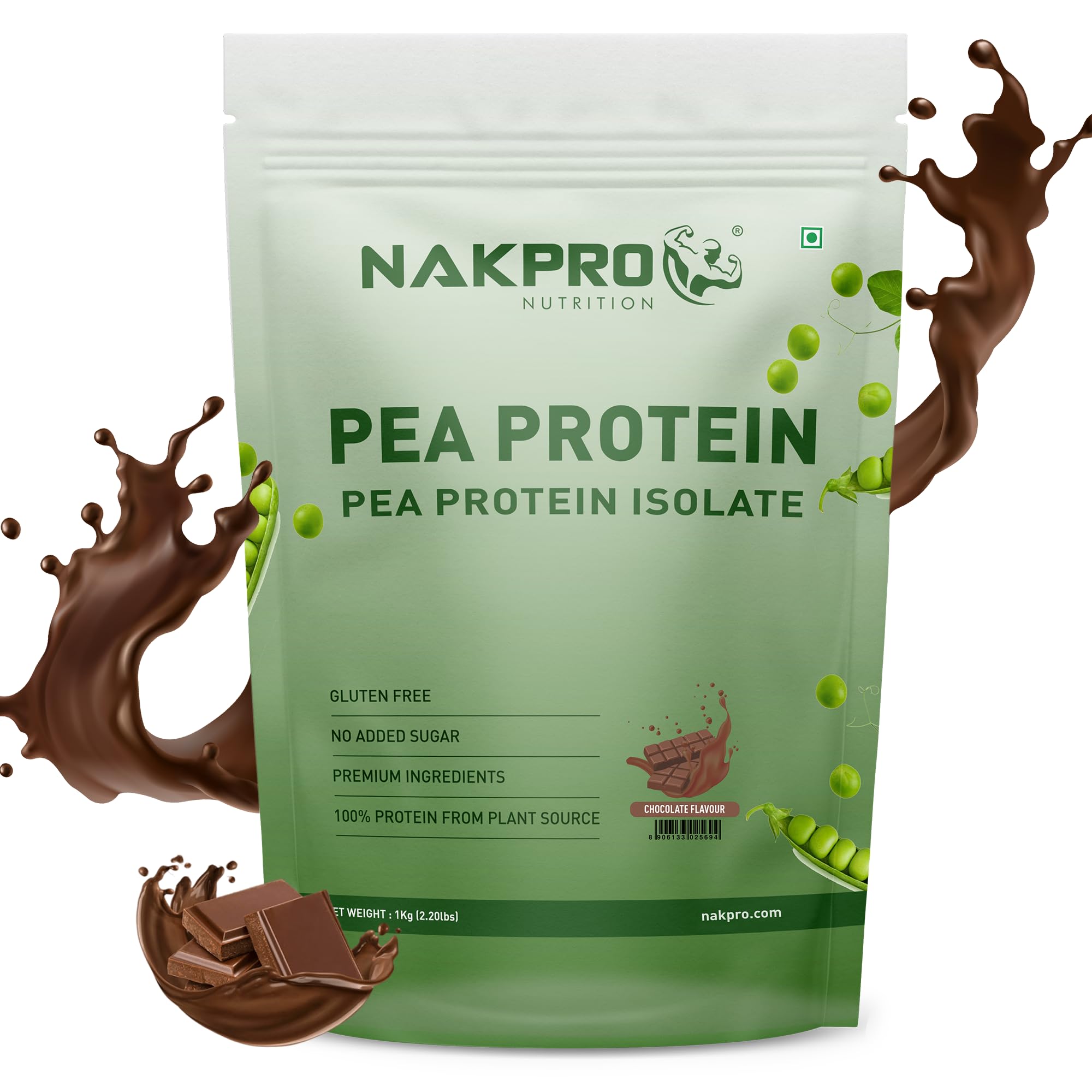 NAKPRO 100% Pea Protein Isolate, Chocolate - 1kg | 26g Protein, 4.9g BCAA | Natural Vegan Plant Protein Powder | Easy To Dige
