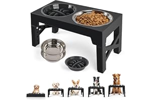 ALL FOR PAWS PAWISE Raised Dog Bowl 5 Heights Adjustable, Elevated Dog Bowls with 2x1200ML Stainless Steel Dishes &1 Slow Feeder Bowl, Dog Feeding Station for Small Medium & Large Dogs, Non-Slip and No Spill