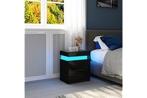 AWOOOD Black Bedside Table, Modern LED Light Nightstand High Gloss Front Bedside Cabinet with 2 Drawers Flip Cover for Bedroom