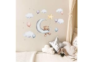 Tanlaby Oso de Dibujos Animados Pegatinas de Pared Oso Durmiendo Adhesivos Vinilos Nubes Estrellas Globos Decorativos Pared para Bebé Habitación Cuarto de Jugar Guardería Infantiles
