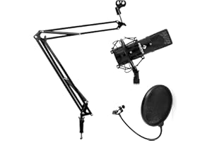 Auna Studio Mikrofon Set mit USB-Kondensator-Mikrofon, Mikrofonarm-Mikrofonstativ & Pop-Schutz (16mm Elektretmikrofonkapsel, inkl. Mikrofonspinne, Tisch-Halterung mit Mikrofonklemme) schwarz