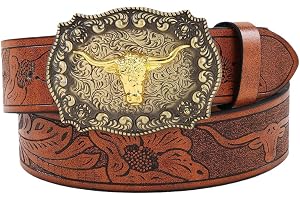 WANGCL Western-läderbä med spänne, blommigt präglat bä , spänne med Longhorn-tjur, för män, 120 cm (47,3 tum), Guld, en storlek