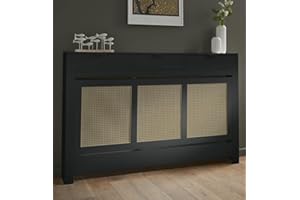 DuraTherm® Radiator Cover Black Painted and Rattan MDF Cabinet Horizontal Slat Storage Drawers & Shelf, Radiator Cabinets for Office Hallway Living Room Bedroom, Large (H: 150cm / W: 96cm / D: 19cm)