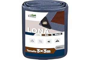 Covall Lona de Ojales Bicolor 260g/m² Impermeable Lona Gris/marrón súper Duradera para Techo, jardín, Cubierta, Piscina, Tienda de campaña.(3x3m)