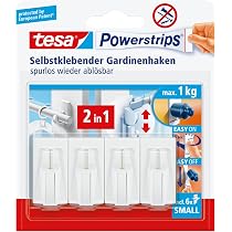 tesa Powerstrips Vario-Gardinenhaken - 1 x 4 Stück - Weiß | Selbstklebende Haken zum Befestigen von Gardinenstangen - bis zu 1 kg Haltekraft