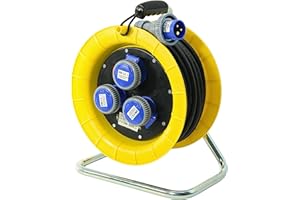 ELETTROWATT Prolunga Elettrica 30 Metri con Avvolgicavo Professionale arancione, Spina Industriale CEE 16A IP67 e 3 prese di corrente da incasso CEE 220V IP67 - Cavo 3G2.5 in Neoprene H07RN-F stagno