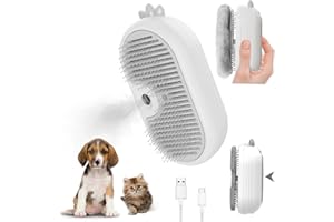 SHUNFAJI Steam Cat Brush with Release Button, 4 In 1Upgraded Multifunctional Cat Steamer Brush, Self Cleaning Pet Brush for Grooming Long Short Haired Dog Cats, Rabbit Remove Loose Fur and Undercoat (White)