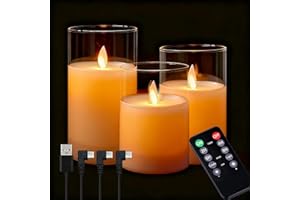 NICE POINT Bougies LED Rechargeables Flamme Vacillante Sans Fil, Télécommande Minuterie 2/4/6/8h, 5 Luminosités, Lot de 3 Bougies en Verre Transparent Blanc, Décoration Noël Sapin Table