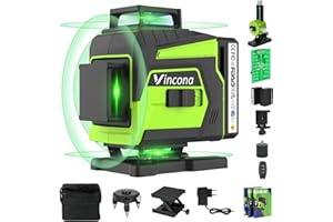 Vincona Kreuzlinienlaser Grün, Laser Wasserwaage 4 x 360 °, Nivellierlaser Selbstnivellierenden 16 Linien, Linienlaser kreuzlaser Baulaser mit 2 x Batterie für Innen- und Außenbereich Baustelle