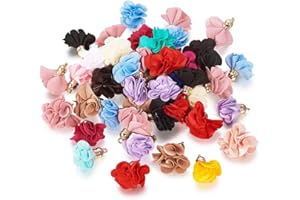 Cheriswelry 50 ciondoli a forma di fiore di stoffa in chiffon di colore misto con petali di rosa e nappe con risultati dorati per la creazione di gioielli e orecchini