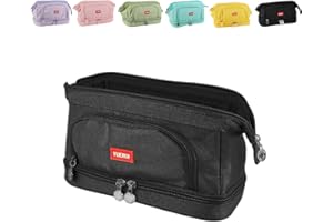 Fyfjur Trousse Scolaire, Imperméable et Indéchirable Tissu Oxford 600D Grande Trousse 3 Compartiments, Trousse Noir Enfants Adolescents Adultes pour Lécole Bureau Voyage, 24,5x11,5x14cm