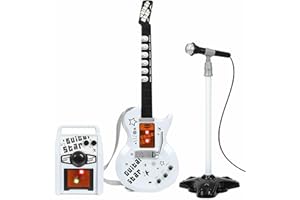 The Magic Toy Shop Kids Electric Guitar with Amplifier & Adjustable Microphone Stand - 6 String Musical Instrument with Flashing Lights & Melodies - Rock Star Music Toys for Boys & Girls Aged 3+