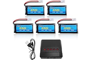 AMZZN 5PCS 3.7V 450mAh 25C Molex Plug Lipo Battery With 5-in-1 Charger Compatible With Most Aircraft Models And Mini Drones, WLtoys XK A100 A120 A150 Hubsan H107C H107D RC UAV Quadcopter Battery