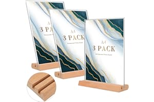 Joollurm A4 Wooden Base Table Stands Acrylic Menu Holders for Tables, L-shape and T-shape Dual-purpose A4 Display Stand for Poster, Office, Store, Restaurant-3 Pcs