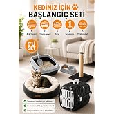 Premium Kedi Başlangı&ccedil; Seti - A&ccedil;ık Kedi Tuvaleti, Taşıma Sepeti, Peluş Simit Yatak, Tırmalama Tahtası, İkili Mama Kabı, K&uuml;rek