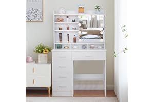 Buildonely Dressing Table with Mirror, Vanity Table with LED Lights, Adjustable Brightness, 5 Drawers and 3 Open Shelves, Modern Style, White, 36x80x131 cm, White