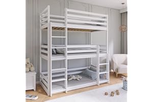 ‎KIDS COLLECTIVE Kids Collective Hochbett 90x200 cm Dreier-Etagenbett für Erwachsene & Kinderbett, Stockbett drei Personen mit 3X Lattenrost, Rausfallschutz, Vollholz massiv in weiss