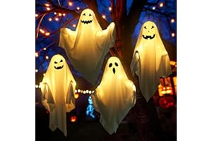 Hzdyopk 4 Stück Halloween Geist, Halloween Hängende Geister Halloween Deko Outdoor, Lustige Leuchtenden Fliegende Gespenster Deko für Halloween Party Innen Außen Vorgarten Bäume Terrasse Rasen Garten