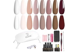 ROSALIND Kit Uñas Semipermanentes con UV LED Lámpara, Mini 8+2 PCS Esmaltes Semipermanentes Kit de Inicio, 8 Colores Blanco, Nude Marrón Soak off Pintauñas Gel Set