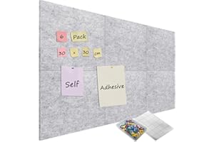 Sliandtelly 6 Pcs Felt Bulletin Board with 60 Pins, 12mm Thick Notice Pin Board Wall Tiles with Adhesive Tapes, 60 x 90 cm Grey Felt Cork Panel for Photo DIY Memo Display in Home Kitchen Office School