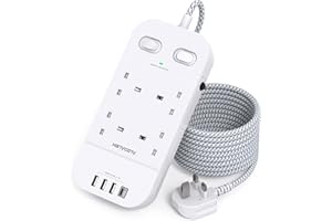 HANYCONY Extension Lead with USB Slots, 1.8M Extension Cable, 4 Way Plug Extension Socket with USB C, 1800J Surge Protected Extension Lead with Double Switches for Bedroom, Kitchen, Desk, Office Accessories