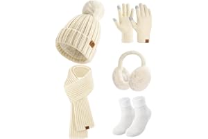 Xnova Set Berretto in Maglia con Sciarpa Guanti Calzini Paraorecchie per Donna, Accessori Coordinati Invernali Set 5 in 1 Calze Spesse, Termiche Guanti Touch Screen Cappello Calzini Ispessiti