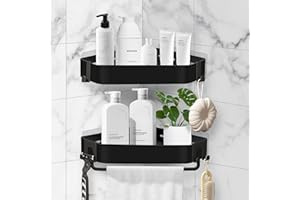 ATsense Duschablage Ohne Bohren Schwarz, 2 Stück Duschablage Ecke Edelstahl, Rostfrei Duschregal Ohne Bohren Ecke, Selbstklebend Badezimmer Regal Ecke, Dreieck Duschkorb Badregal Ohne Bohren