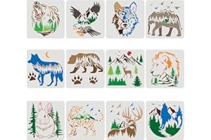 FINGERINSPIRE 12PCS / Set Pochoirs Ours Cerf Aigle Lapin Loup, 30x30cm Pochoirs Animaux Tigre Griffe d'Éléphant pour Le Dessin, Pochoirs Faune pour Peinture sur Bois Tissu Toile Murs Pochoir