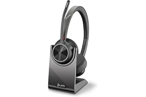 Schnurloses Poly Voyager 4320 UC-Headset und Ladestation – Stereo-Kopfhörer mit Noise Cancelling-Mikrofonarm, Verbindung mit PC/Mac/Mobiltelefon über Bluetooth, Kompatibel: Teams (zertifiziert), Zoom